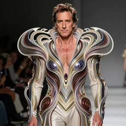 8 5 mm f 1. 8 photograph of steve buscemi wearing an ornate costume by iris van herpen, highly detailed, digital painting, artstation, smooth, sharp foccus, commercial photography, fashion shoot