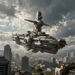 flying ancient warship in a megacity, sci-fi, style by dylan cole, matte painting, cloudy sky