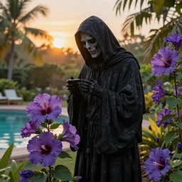 the grim reaper, in a garden, vibrant purple hibiscus, tropical pool, golden hour, artstation, by J. C. Leyendecker and Peter Paul Rubens, - 12p