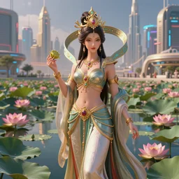 Beautiful 3d render of the flower queen goddess near a pond full of lotus, atmospheric lighting, painted, intricate, volumetric lighting, beautiful, sharp focus, ultra detailed, in the art style of Dan Mumford and marc simonetti, with a clear crowded futuristic cyberpunk dubai city in the background, astrophotography