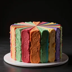 high quality product photography of colorful big vertical cake, volumetric dramatic light, dark black background, sharp focus, highly realistic, octane render, art by greg rutsowski