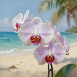 a beautiful orchid on a tropical beach, ultra realistic, depth of field, oil painting, artstation