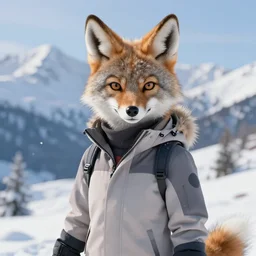 beautiful portrait of a female anthropomorphic coyote fursona wearing snow gear in the snowy mountains. gloves. character design by charlie bowater, ross tran, artgerm, and makoto shinkai, detailed, soft lighting, rendered in octane