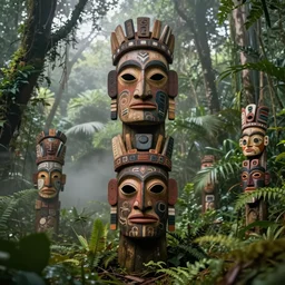 a totem in the jungle surrounded by mist, swith faces of ancestors in the mask wearing tribal masks, hyper detailed, art by christophe vacher