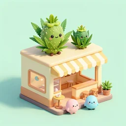 isometric cute cartoon illustration style cafe australian, decorated with only two cute cannabis pots, utopian australiana simple frontage, 2 cute characters, poster, beautiful composition pastel palette by will barnet, digital art, hyperrealistic soft, inked digital, render cartoon by pixar