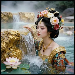 Kodak Portra 400, 8K, soft light, volumetric lighting, highly detailed, star trek style 3/4 ,portrait photo of Rena Nōnen, the face emerges from a thermal water flowing down gold travertine terraces, with lotus flowers, inspired by Ophelia paint , a beautiful luxurious royal suit, intricate hair with highly detailed realistic beautiful flowers , Realistic, Refined, Highly Detailed, ethereal lighting colors scheme, outdoor fine art photography, Hyper realistic, photo realistic