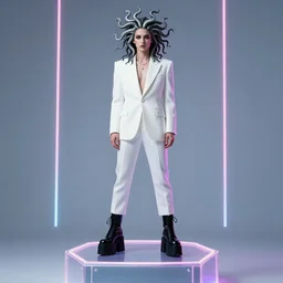 lorde as the leader of the illuminati, hair like medusa, white suit and black platform boots standing on a translucent box with neon lights