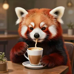 anthropomorphic red panda drinking coffee in a cafe, highly detailed, digital painting, artstation, concept art, smooth, sharp focus, illustration, art by artgerm and greg rutkowski and alphonse mucha