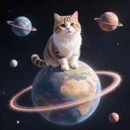 a cute cat sitting on top of a planet, 4 k, space photography, ultra - realistic, synthwave