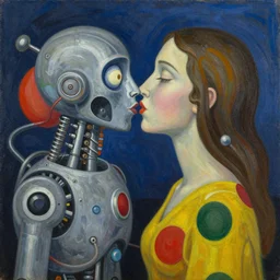 Oil painting by Roberto Matta. Strange mechanical beings kissing. Portrait by Takashi Murakami. Joan Miro.