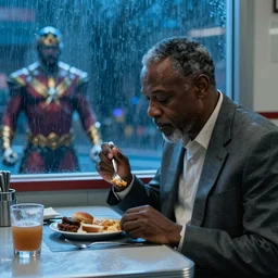 movie scene of an old black detective eating breakfast in a diner, cool blue lighting, rainy day, wonder man ( 2 0 0 8 )