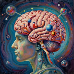a psychedelic ultrealistic virant painting with almost symbolic and chemical details of the living brain of the american neurologist expert in robotics and neurophysics who was born in kansas city, missouri on february 1 9, 1 9 1 0, was educated in england from 1 9 1 5 where he made his career as a researcher, studied at westminster school and later at king university, cambridge, in 1