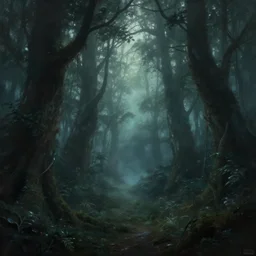 dark ominous mysterious ambient magical forest landscape painting, fantasy, dreamlike, foggy, romantic, in the style of Ori and the Blind Forest