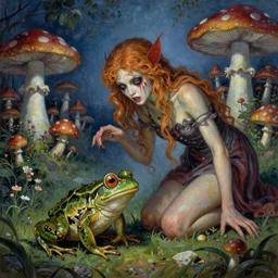 hyper realistic Scary godlike fairy killing a frog , detailed mushroom village in the background , Taras Shevchenko style, post-processing, fantasy , masterpiece , junji ito, painting , vibrant colors
