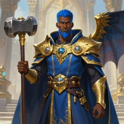 Picture of a male Cleric, black skin, blue short hair, short beard, dragon-inspired cloth robes, gold and blue, ornamental, hammer, wings, background depicting a temple, fantasy, dnd, d&d, sharp focus, smooth, illustration, digital painting, highly detailed, by akihiko yoshida, james jean andrei riabovitchev marc _ simonetti, yoshitaka amano, artstation