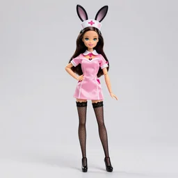 anime barbie doll, nurse costume, full length, high heels, lace, stockings, rim of leather hare ears on the head