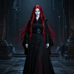 cosplay photo of a beautiful female sith warrior with smooth porcelain white skin and long flowing red hair, wearing black robes with dark red highlights, in dark futuristic city, shadowy gothic aesthetic, cinematic full body portrait, centered composition, detailed, cinematic lighting, moody, nighttime, very dark