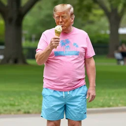 donald trump wearing a pair of light blue hoochie daddy shorts and a pink miami beach t-shirt while enjoying himself a pistachio ice cream cone in the park, high-res, hyperrealistic,