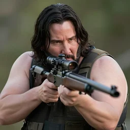 obese Keanu Reeves using a sniper rifle, film still, detailed, 4k