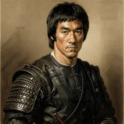 engraving portrait of bruce lee in samurai outfit by albrecht durer