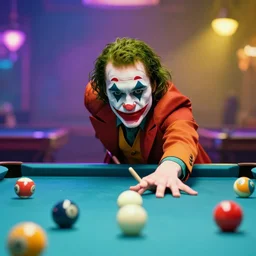 the joker playing pool, magical, bright, colorful, fantastic lighting, amazing details, 4 k uhd, illustration by hayao miyazaki and makoto shinkai and ilya kuvshinov, artstation, pixiv,