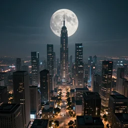 point perspective, scifi city in the future, full moon in the city