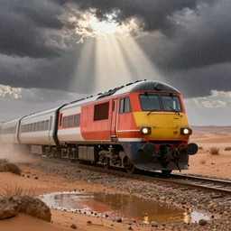 LNER A4 class train in the Sahara desert during a rainstorm, puddles forming, dramatic lighting, god rays