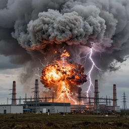 a massive surge of power at an electricity plant. dramatic clouds of smoke, lightning, explosion by caspar david friedrich, john martin, dan mumford, m. w kaluta and greg rutkowski