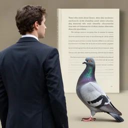 a pigeon in a suit standing in profile, author portrait, back cover of book, synopsis