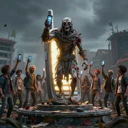 a crowd of young people that are zombies holding clearly visible their cell phones in the air, on a podest there is a big cellphone god illuminated in light, fantasy style, 4 k, philosophical art, octan render