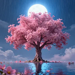 pink tree, blue sun, volumetric lighting, highly detailed, by greg rutkowski, complementing colors, god looking at me, heavy rainy, lofty heavens, water reflection, flowers, hyper realistic, concept art, 8 k detail post - processing