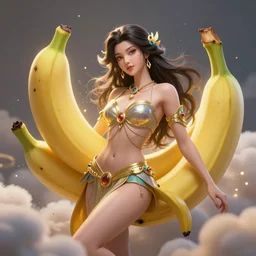 a beautiful female goddess of bananas character, character is in all its glory, character is in her natural relaxed pose, rim lights, particles and dust in the air, fancy clouds, highly detailed professional photo, dynamic lights, particles are flying, depth of field, trending on artstation, illustration, hyper realistic, vray caustics, super detailed, colorful accents, cinematic shot