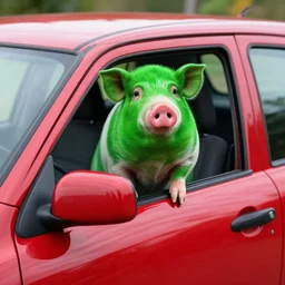 a green pig is sitting in a red suzuki car, award winning photo