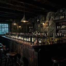 interior of a 1 9 th century western american tavern, the bar, many bottles of wine, cimenatic, dramatic lighting, mystery and cool, ultra - wide view, westworld style, by moebius, katsuhiro otomo, tsutomu nihei, laurie greasley