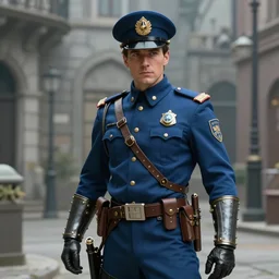 cinematic scene steampunk male cop, blue, in the style of artgerm and charlie bowater and atey ghailan and mike mignola, epic lighting, vibrant colors and hard shadows and strong rim light, very coherent, comic cover art, plain background, trending on artstation