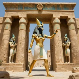 Highly detailed illustration of Egyptian goddess Hathor defending the royal temple gates, hyper realistic, sci-fi fantasy art