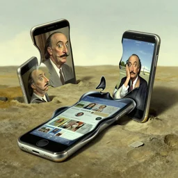 the persistence of memory but with smartphones, melted smartphones, smartphones, social media, by salvador dali