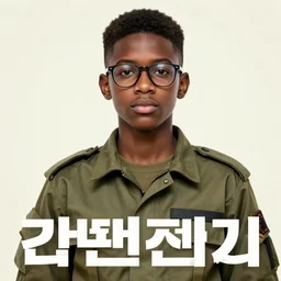 propaganda poster, male african - american teenager, glasses, high - top haircut, militia outfit, gibberish lettering