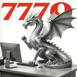 1979 Magazine Cover of a dragon figure at a desk with a large circular window to neo-Tokyo streets behind him. in cyberpunk style by Vincent Di Fate