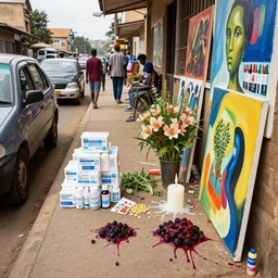 “ a busy sidewalk in nairobi, street with cars, medical supplies, pills and medicine, ikebana, herbs, a candle dripping white wax, squashed berries, berry juice drips, acrylic and spray paint and oilstick on canvas, surrealism, neoexpressionism ”