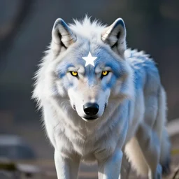 a giant blue wolf with a white main and two unicorn horns, a white star shape on its forehead, yellow eyes, beautiful, ultra realistic, great wolf, unreal engine 5, dynamic lighting, highly detailed, lightning around