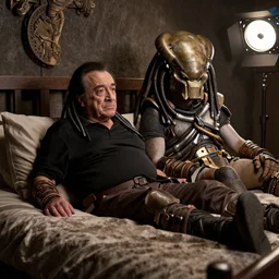 Danny DeVito and The Predator on a bed, cinematic, studio light, 8K,