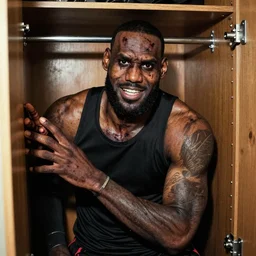 grainy photo of lebron james as a creepy monster in a closet, harsh flash