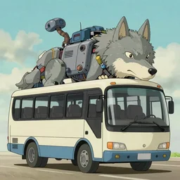 A bus looking like a wolf. It is half animal, half machine. 4k Resolution illustration. anime key visual, by studio ghibli.