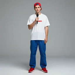 a full body shot of an average white, short young - adult man with blue dyed hair, wearing a red backwards cap, white t - shirt with a red no symbol on it, blue long pants and red shoes, holding a microphone, studio lighting, photoshoot, grey background