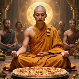 detailed photo of meditating pizza monk, beautiful, 8 k, by tristan eaton, stanley artgermm, tom bagshaw, greg rutkowski, carne griffiths, trending on deviantart, hyper detailed, glorious lighting, epic environment