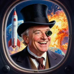 A psychedelic portrait of  laughing  jeff bezos with monocle and tophat looking out from rocket window while earth explodes in background , vibrant color scheme, highly detailed, in the style of romanticism, cinematic, artstation, Moebius, Greg rutkowski