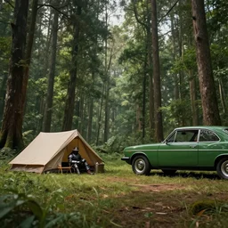 knight camping next to green car, elegant scene, low angle, wide angle, indian forest, wide angle, cinematic, ultrarealistic, trending on artstation, cgsociety, highly detailed, color graded, rendered in unreal engine 4 k hq, matte painting, by simon stalenhag and hudson river school, horizon forbidden west