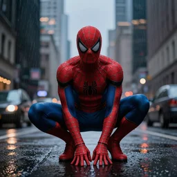 photograph of the amazing spider - man, cinematic, photorealistic, city, night, rain