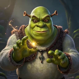 portrait of shrek as a shaman doing voodoo, witchcraft, league of legends amazing splashscreen artwork, dungeons and dragons, splash art, natural light, elegant, photorealistic facial features, intricate, fantasy, detailed face, atmospheric lighting, anamorphic lens flare, cinematic lighting, league of legends splash art, hd wallpaper, ultra high details by greg rutkowski